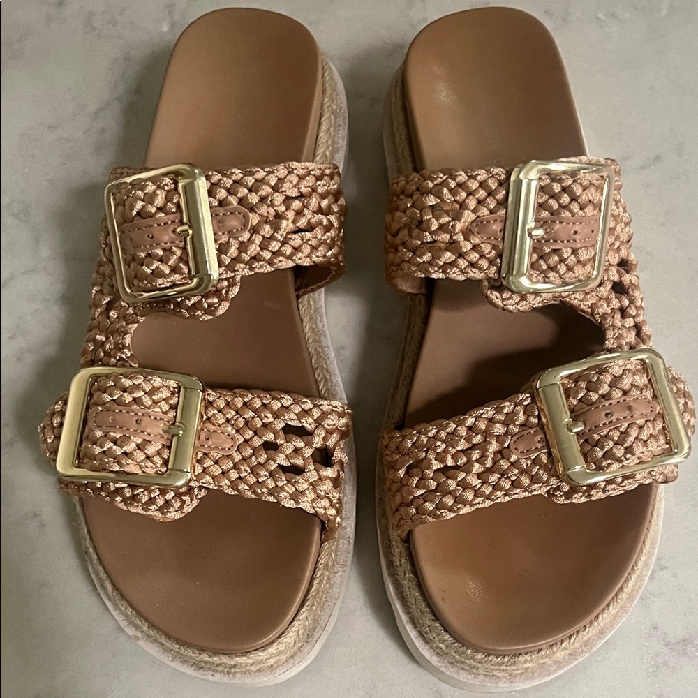 Madden Girl Tan Woven Sandals with Gold Buckles